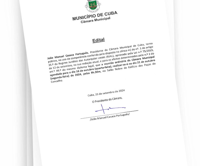 Alteração de data da Reunião de Câmara de 18 para 20 de setembro de 2024