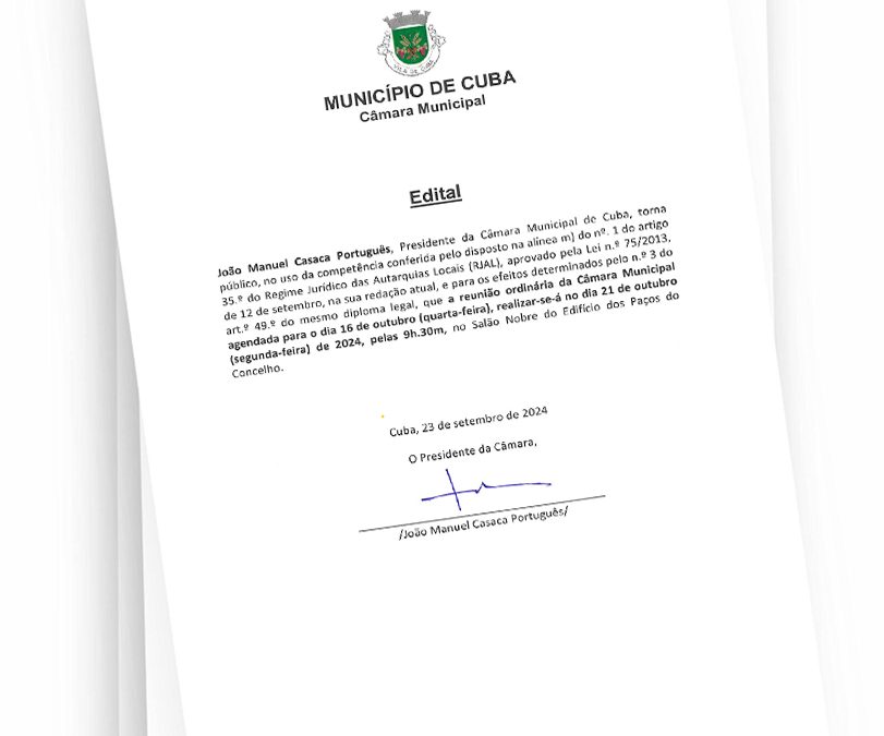 Alteração de data da Reunião de Câmara de 16 para 21 de outubro de 2024
