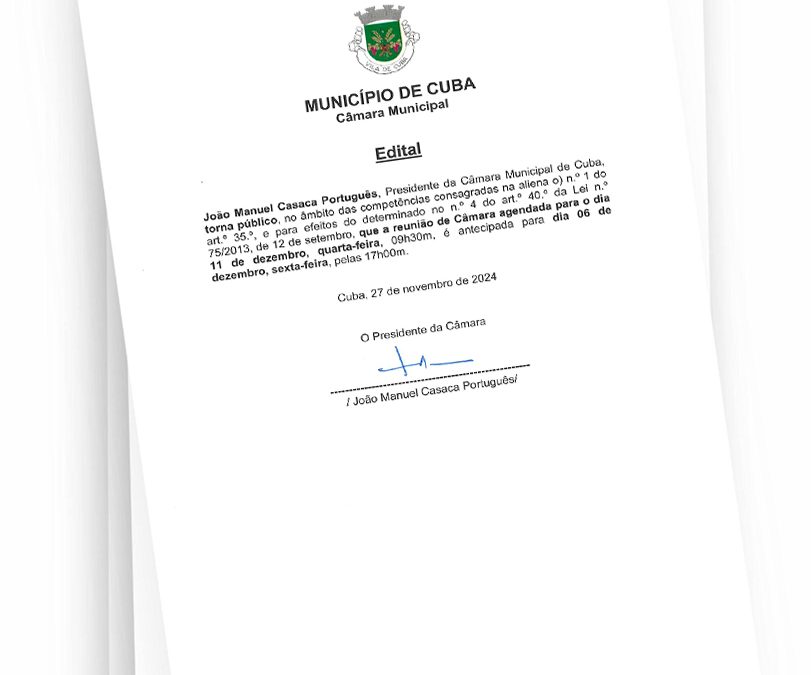 Antecipação da data da Reunião de Câmara de 11 para 06 de dezembro de 2024