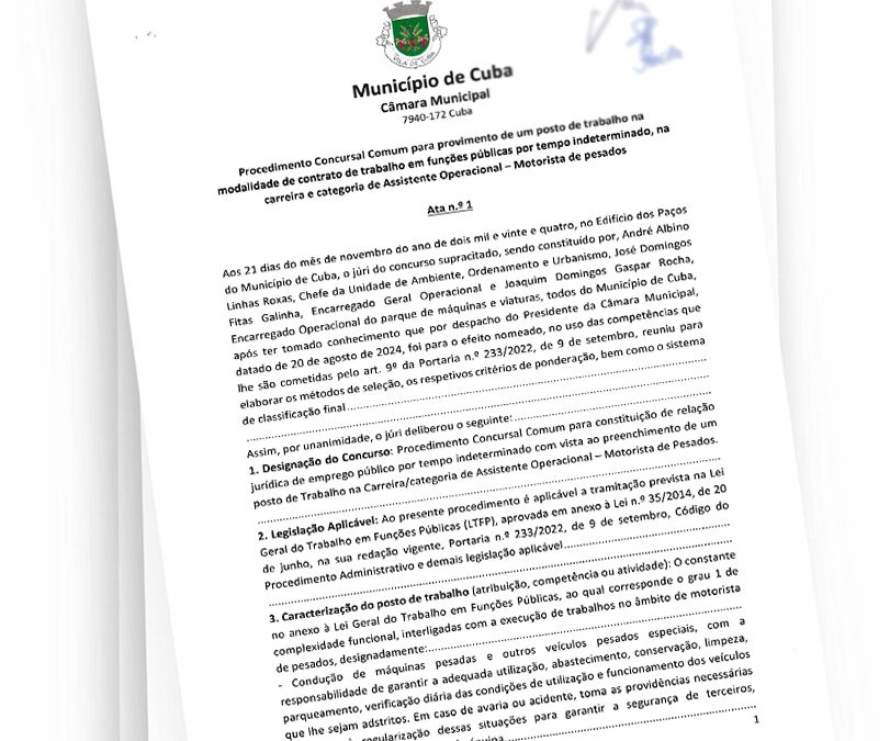 RECRUTAMENTO – ASSISTENTE OPERACIONAL – MOTORISTA DE PESADOS – PRORROGAÇÃO DO PRAZO DE CANDIDATURAS