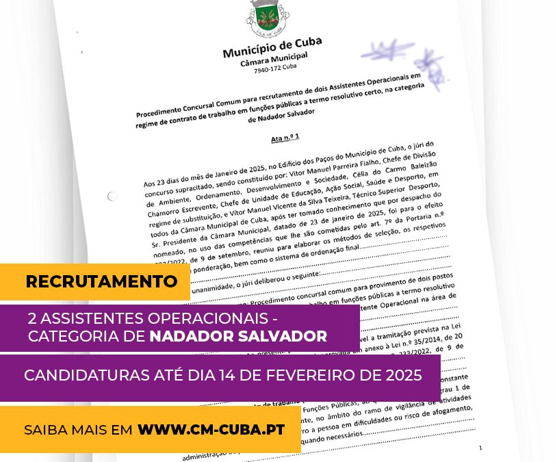 RECRUTAMENTO – 2 ASSISTENTES OPERACIONAIS – NADADOR SALVADOR