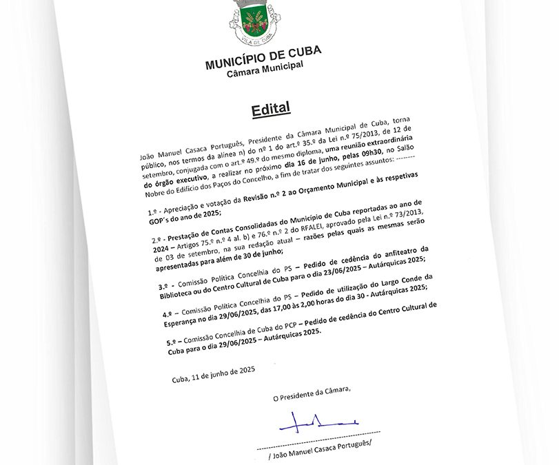 Edital – Reunião Extraordinária do Órgão Executivo – 16 de Junho 2025