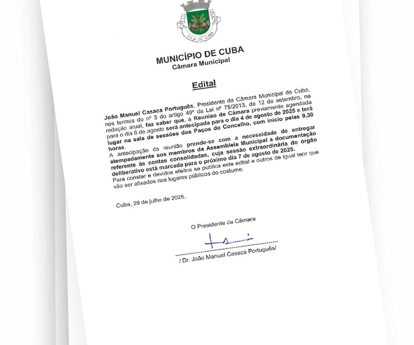 EDITAL – ALTERAÇÃO DA DATA DA PRÓXIMA REUNIÃO DE CÂMARA