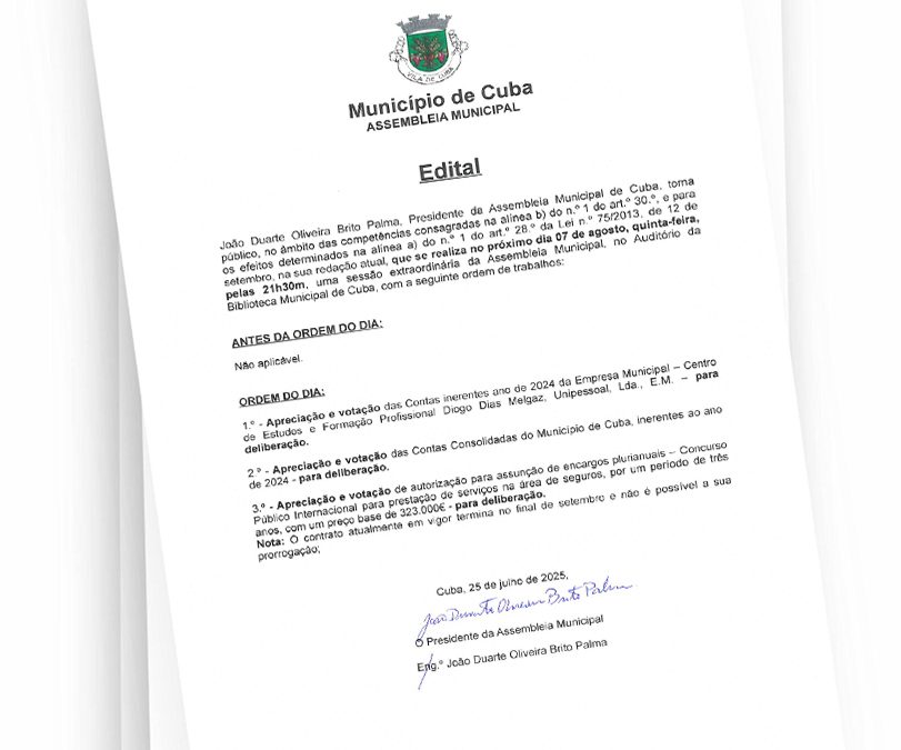 Sessão extraordinária da Assembleia Municipal de Cuba – 07 de Agosto de 2025