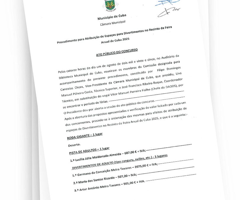 Feira Anual de Cuba 2025 – Procedimento para Atribuição de Bares e Tasquinhas – Ato Público do Concurso