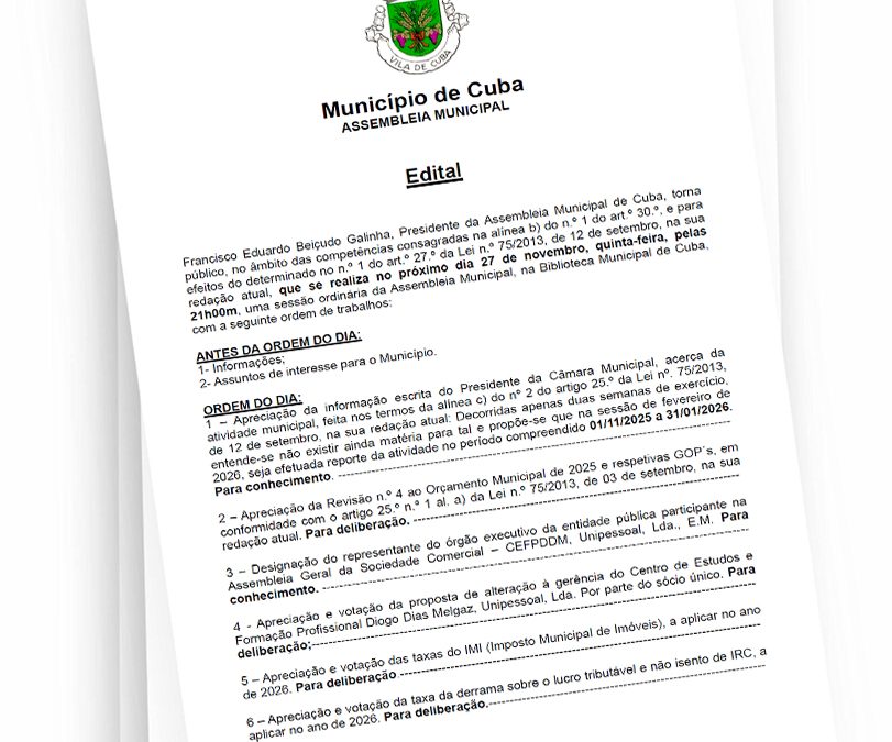 Assembleia Municipal de Cuba – 27 de Novembro de 2025