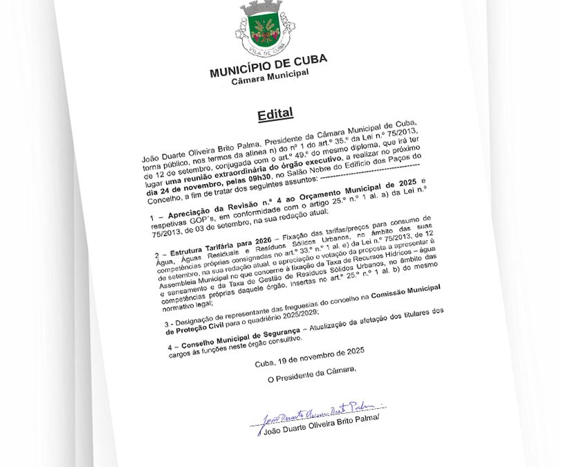 Edital – Reunião de Câmara Extraordinária – 24 de novembro de 2025