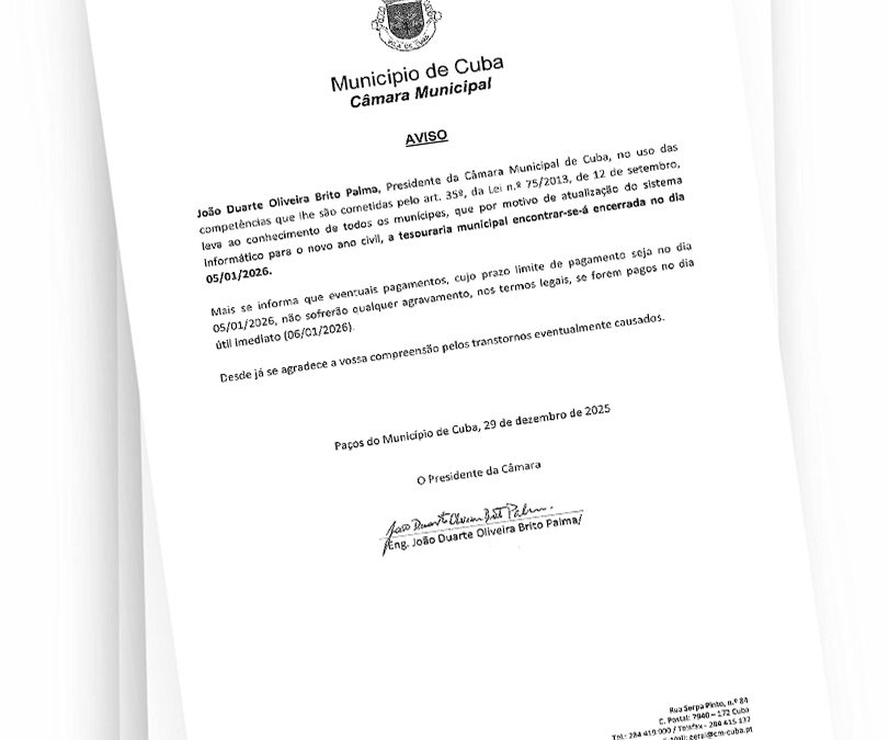 Informação: Serviço de Tesouraria da CMC encerrado no dia 05 de janeiro de 2026