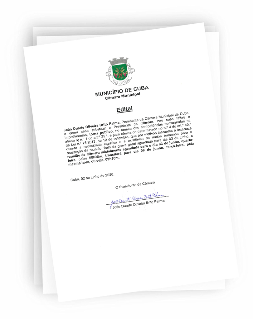 Reunião de Câmara adiada para 9 de junho