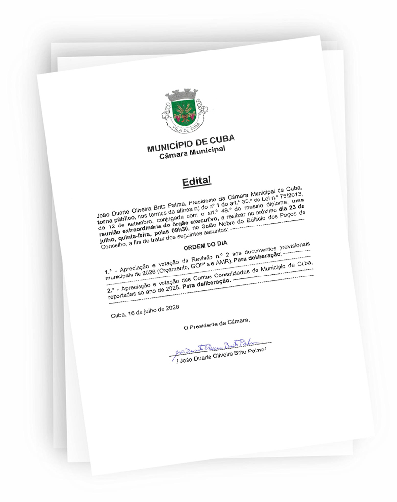 Edital – Reunião de Câmara extraordinária – 23 de julho de 2026