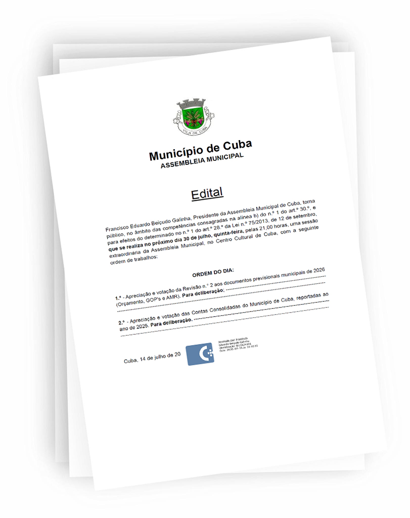 Assembleia Municipal de Cuba | Sessão Extraordinária | 30 de julho de 2026