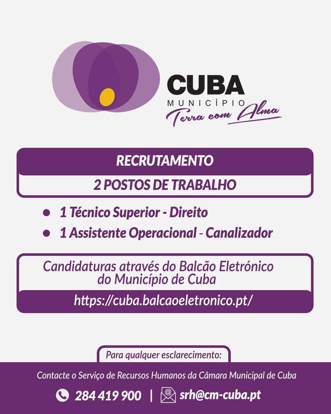 Recrutamento | 2 Postos de Trabalho | Técnico Superior – Direito | Assistente Operacional – Canalizador