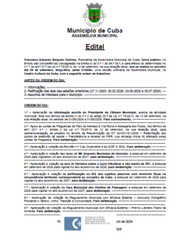 Assembleia Municipal de Cuba – 29 de setembro de 2026